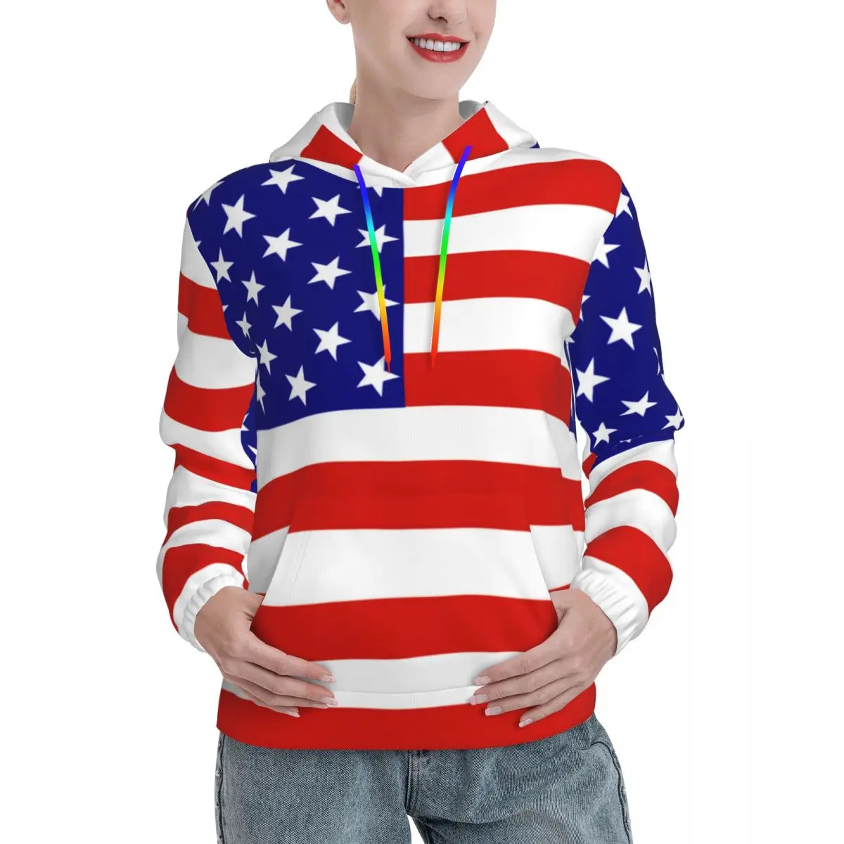

Толстовки с капюшоном с принтом флага США, Весенняя уличная одежда в синюю звезду и полоску, Женский графический пуловер большого размера, толстовка с капюшоном