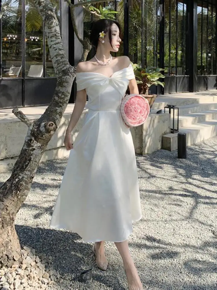 

French White Off Shoulder Sexy Elegant Bow Dress Women Birthday Evening Party Fairy Gowns Dresses Sweet Fashion 2024 Summer Boho