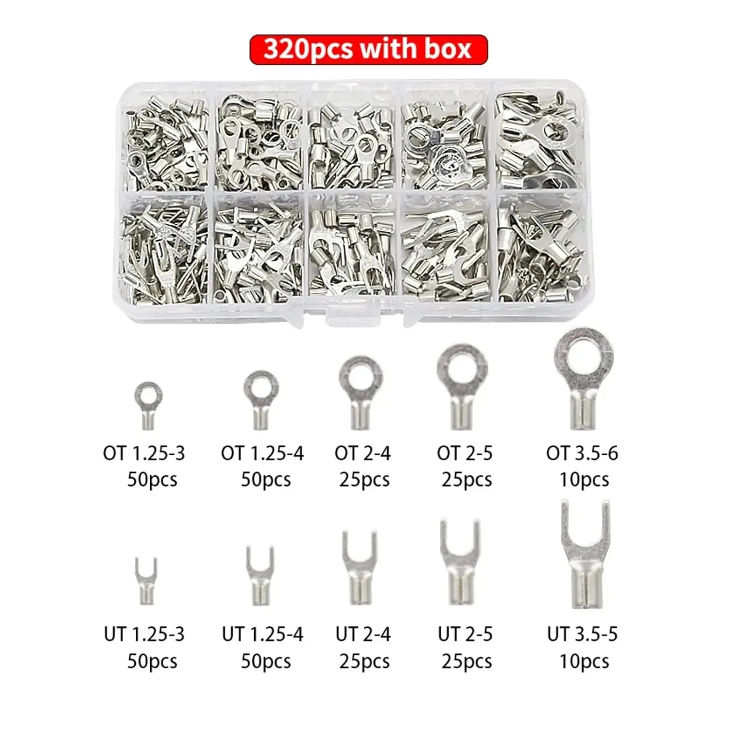 Terminal Connector 200/320Pcs 10 in 1 Terminals Non-Insulated Ring Fork U-Type Brass Terminals Assortment Kit Cable Wire Connector Crimp Spade