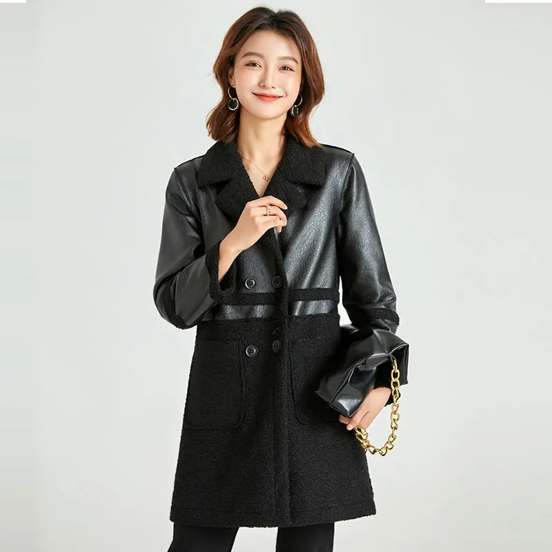 Lambskin Leather Jacket Women Autumn Winter Overcoat Plus Size Windbreaker Outerwear Plus Velvet Thickened Wool Fur Coat Female