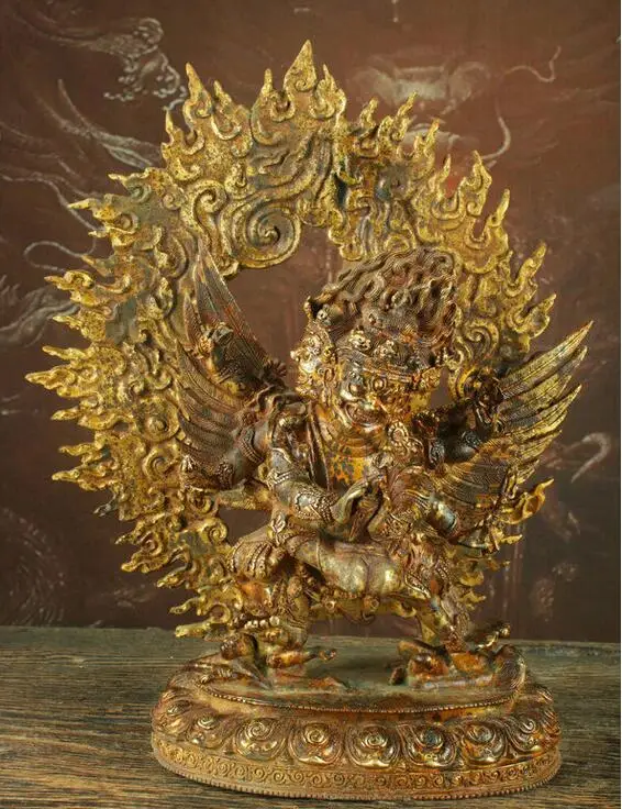

13.7" Old Tibet Bronze Gilt 3 Head 6 Arms Mahakala Wrathful Deity Buddha Statue