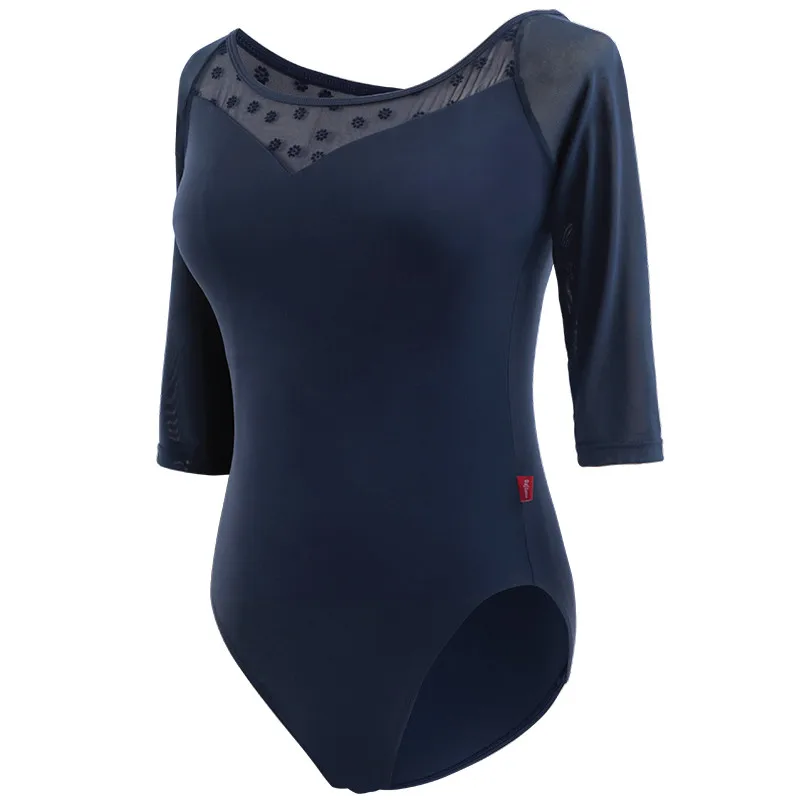 Women Black Mesh Dance Leotards Three Quarter Sleeve Ballet Splicing Leotards Adult Ballet Practice Dance Gymnastics