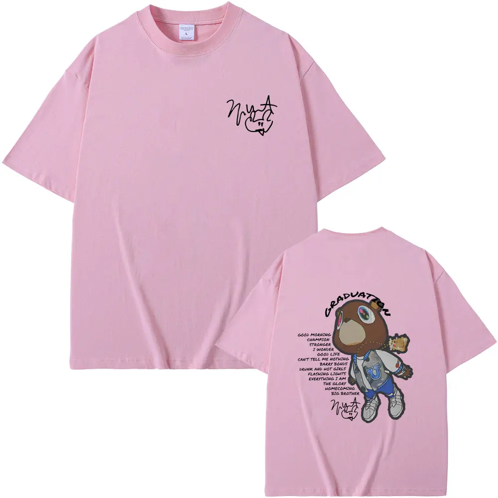 랩퍼 카니 예 웨스트 졸업 양면 그래픽 티셔츠 남성 여성 힙합 오버 사이즈 O 칼라 Tshirt 남성 카니 예 블랙 티셔츠