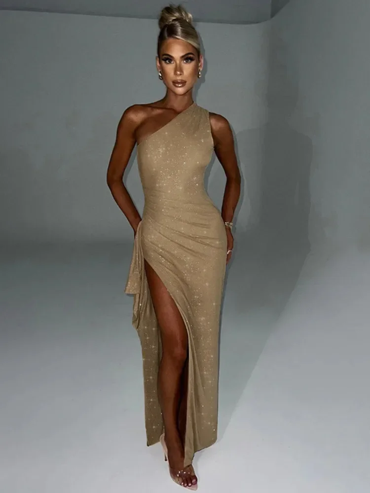 

Mozision Elegant Backless Sexy Maxi Dress For Women Fashion Diagonal Collar Sleeveless Thigh High Split Bodycon Club Party Dress