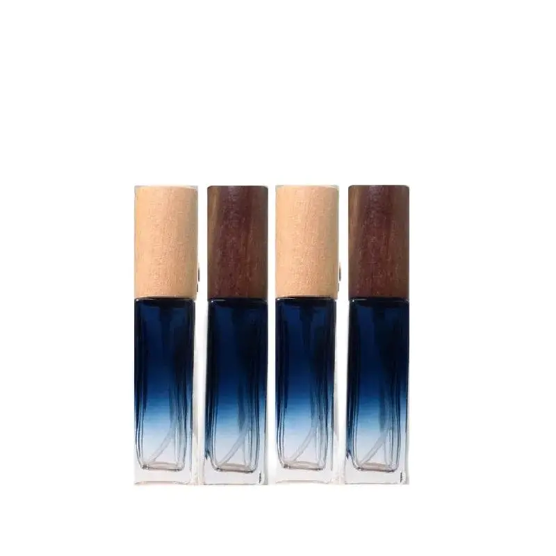 

20pcs 5ml 10ml Refillable Perfume Bottle Wood Lid Atomizer Cosmetic Gradient Blue Square Portable Empty Glass Spray Sample Vials