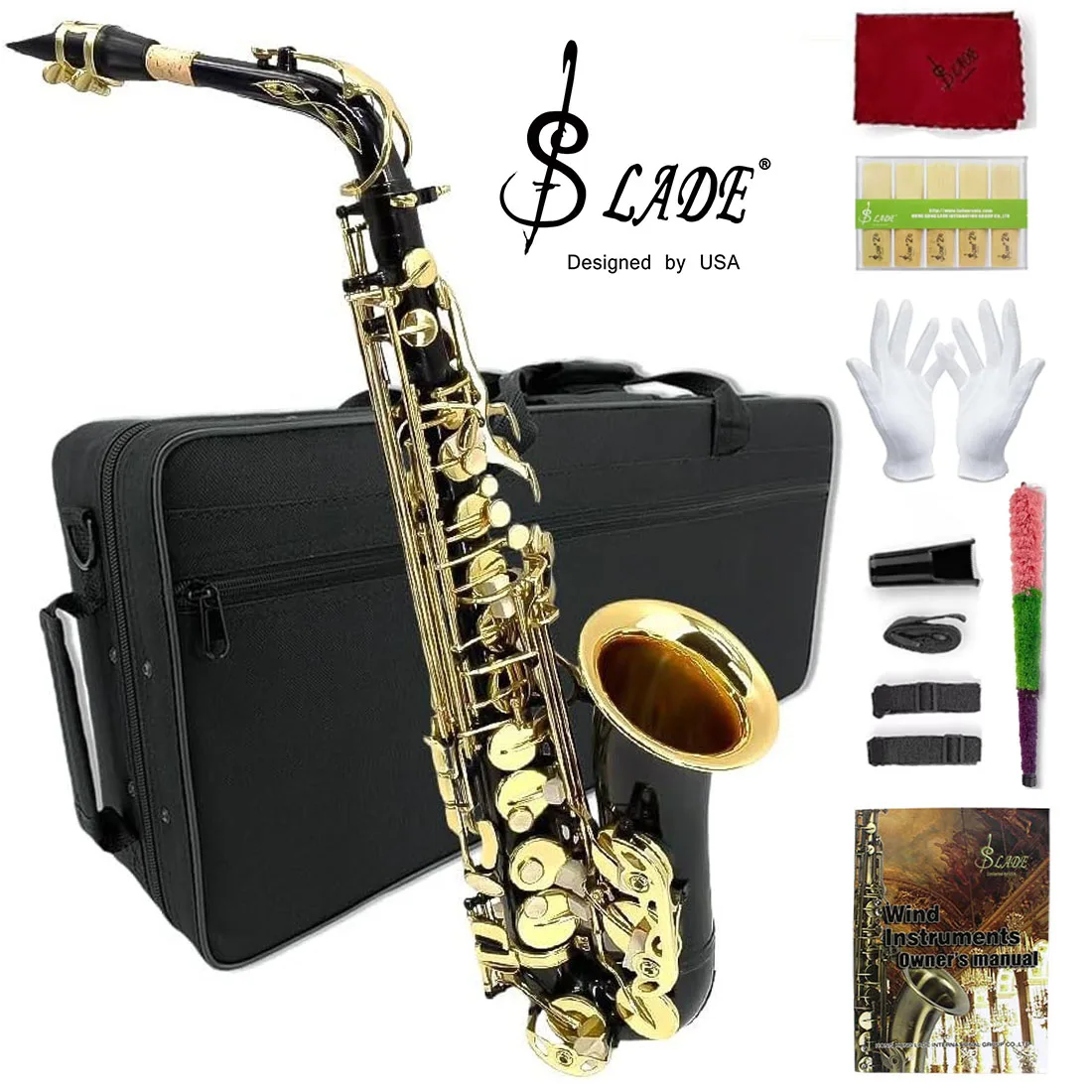 SLADE Black/Gold Alto Saxophone E Flat Saxophone Complete Set for Beginners Students with Box Cleaning Cloth Gloves Neck Strap