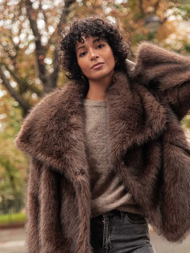 Women Fashion Lapel Gradient Mixed Fur Jacket Chic Long Sleeve Pocket Warm Maxi Coat 2024 Autumn Winter Lady Highstreet Outwear 4