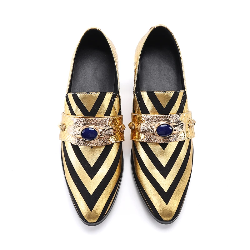 Plus Size Men's Gold Leather Shoes with Rivets and Stripes High-heeled Monk Strap Formal Shoes Club Party Leather Formal