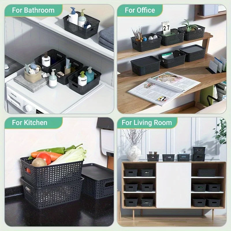 6PCS Stackable Storage Box, Plastic Storage Basket with Lid, Multi-purpose Household, Office, Desktop, Cabinet Storage Container