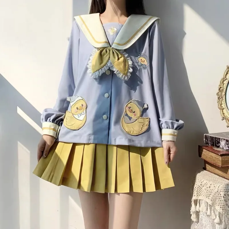 New Cartoon Lolita Japanese Cute Sweet Sailor Suit Academy Style Short Sleeved Top Skirt Set Spring Summer JK Blue Bow Uniform