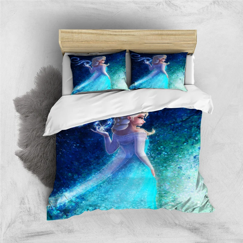thumbnail image 1 of Juego de cama de tres piezas con estampado de dibujos animados de Disney Frozen Elsa y funda de almohada para niños o adultos, tamaño King, Queen, Full y Twin, 1 of 5