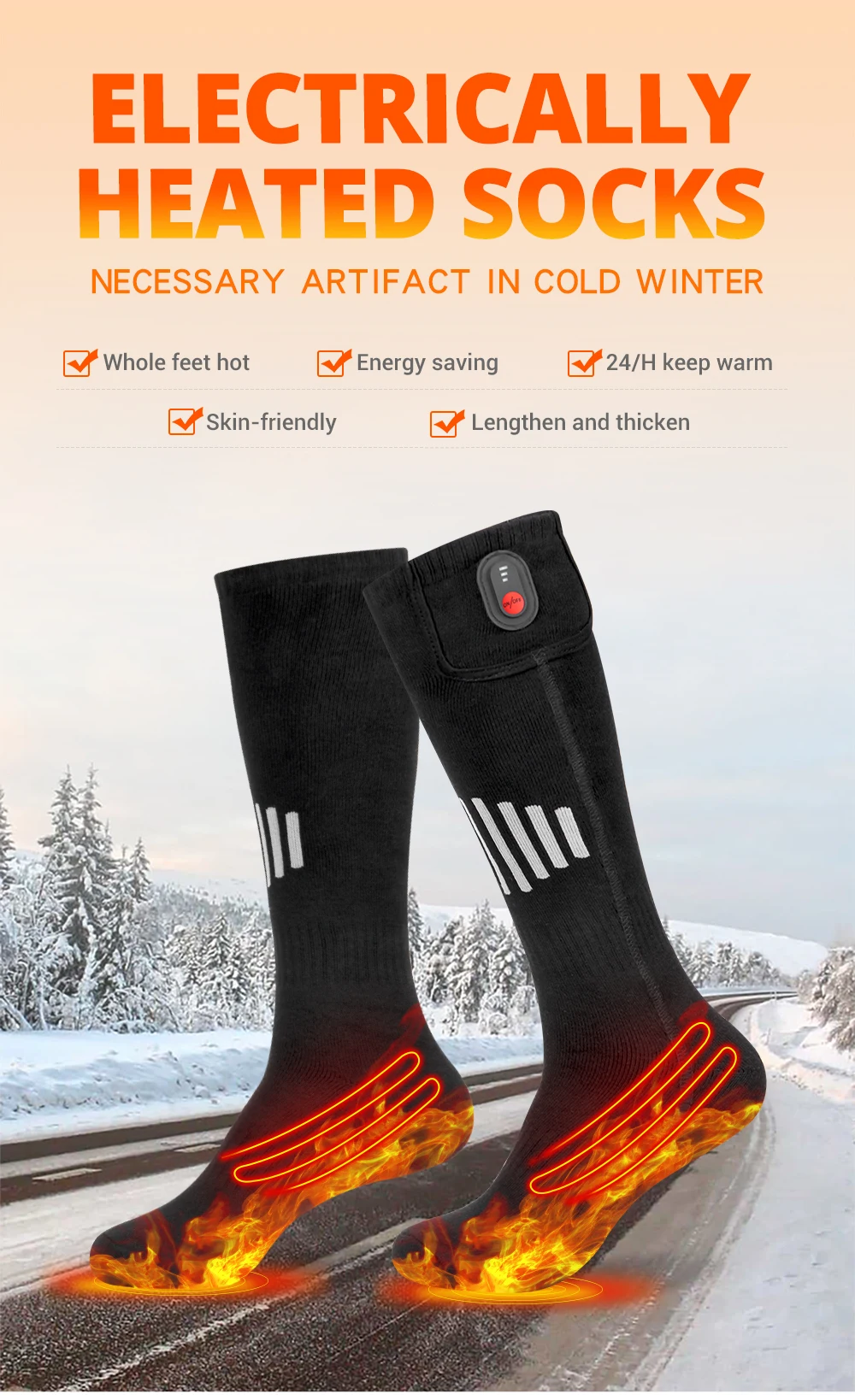 Electrically heated socks with built-in heaters ensure foot and toe warmth.