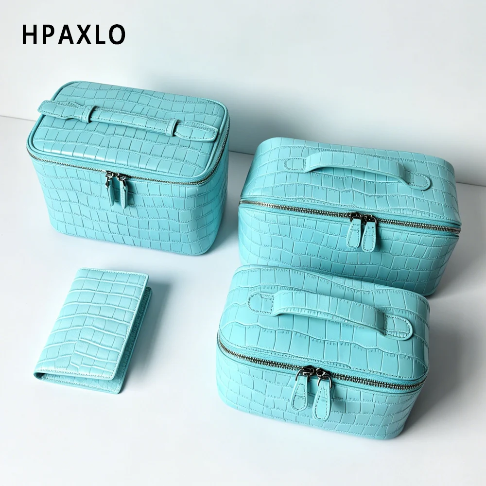Top Grain Leather Crocodile Print Makeup Pouch Blue Wash Bag Woman Gifts Cosmetic Case Toiletry Holder Makeup Organizer Travel 2
