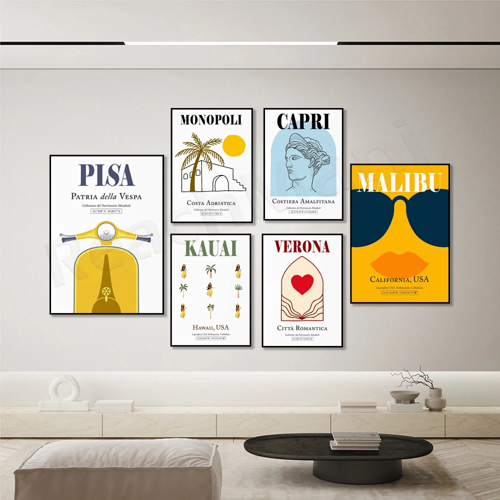 Pisa Toscana, Monooli, Puglia, Mare Mare Mare Mare Mare, Kauai, Donna Hawaiana, California, Capri, Verona Veneto Italia Poster Da Viaggio