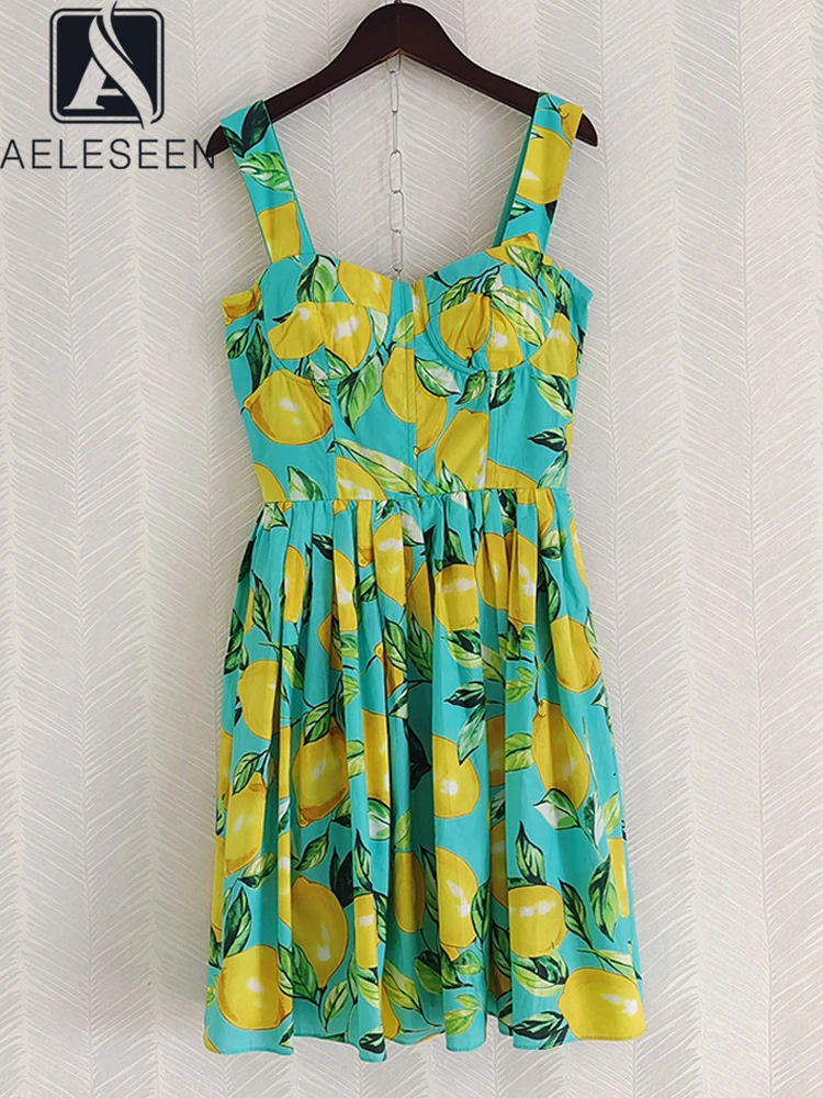 

AELESEEN Women 100% Cotton Sicilian Dress 2022 Summer Runway Fashion Lemon Print Yellow Green Elegant Mini Party Vacation