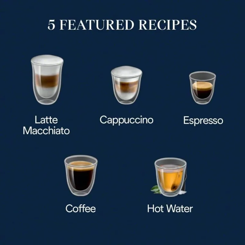 Start Fully Automatic Espresso Machine,Removable and Dishwasher-safe Parts for Easy Clean Up.5 One-Touch RecipesLatte Macchiato,
