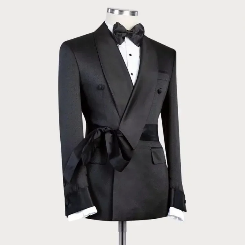 Double Breasted Suit Jacket for Men Wedding Shawl Lapel Slim Fit Groom Blazer with Belt 1 Pc Fashion Coat men suits jackets