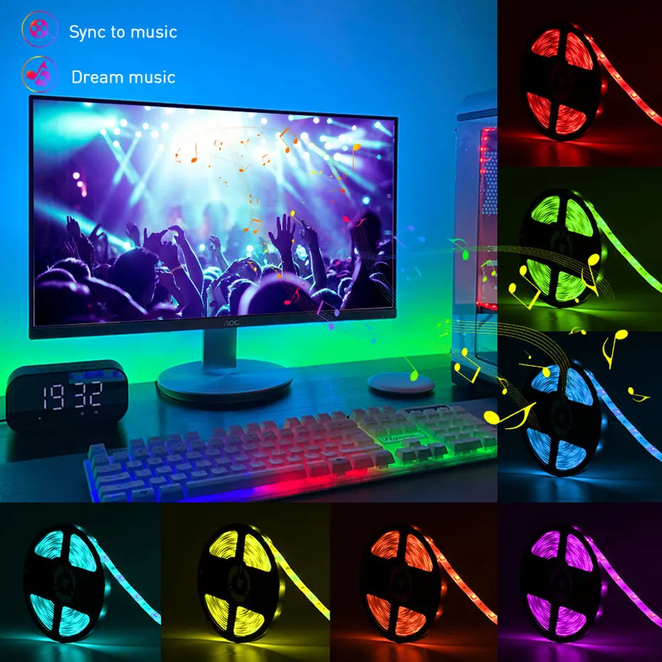 Tuya 스마트 LED 라이트 스트립 12V RGB 디 밍이 가능한 테이프 방수 SMD 5050 APP/원격 제어 알렉사와 함께 작동 룸 TV 장식
