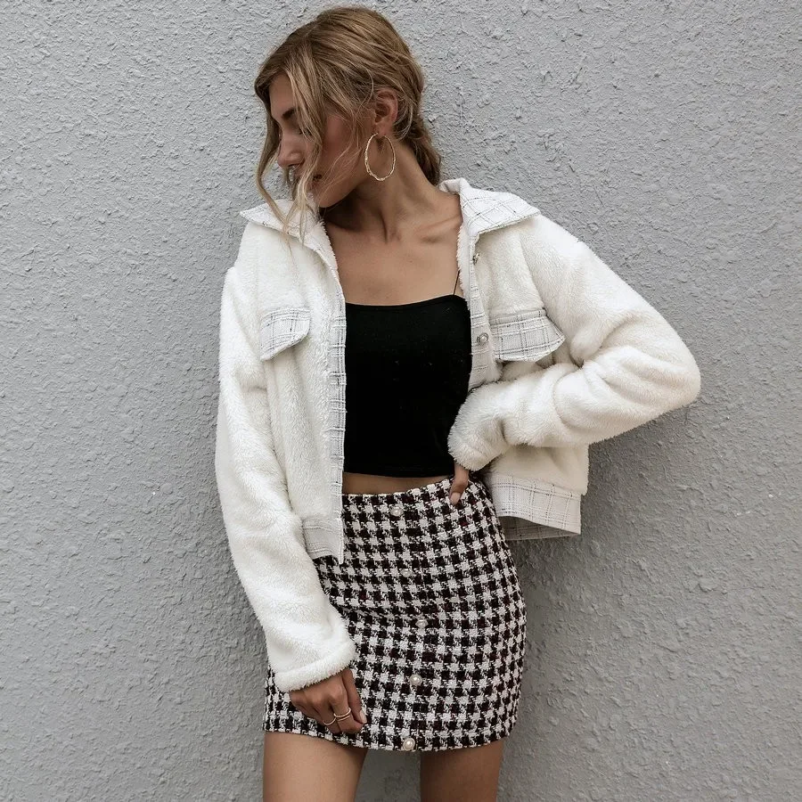 Womens Jackets Chic Pearl Buttons Coat Women Patchwork Tweed Pockets Autumn Winter Warm Coats Sweet Ladies Short White Jackets
