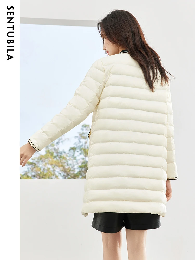 SENTUBILA Women's Crew Neck Mid Length Down Jacket 2023 Winter White Duck Down Coat Windproof Warm Puffer Jackets Top W34Y49573