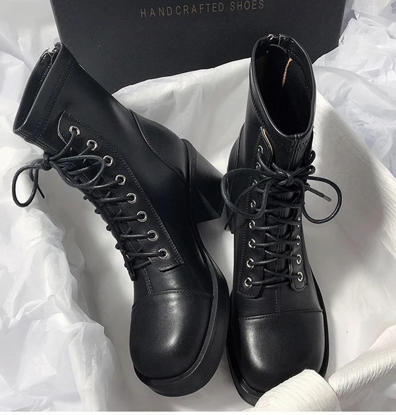 New Leather Ankle Boot For Women Motor Boot Retro Lace-up High Heels Shoes Woman Short Boot Square Toe Footwear 34-40