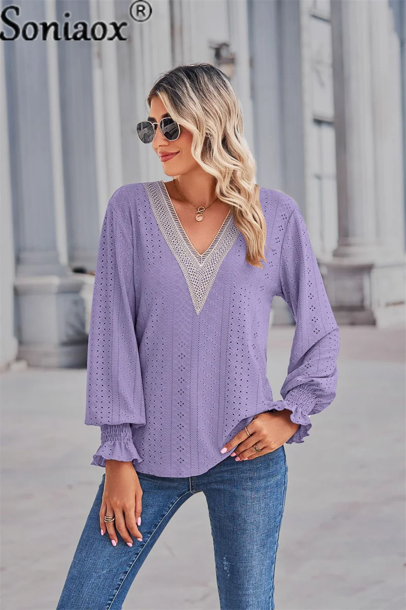 

Fashion Autumn Winter Cotton Patchwork Shirts Women V-Neck Long Sleeve Hollow Lace Tops Casual Office Loose Lady Button Blouse
