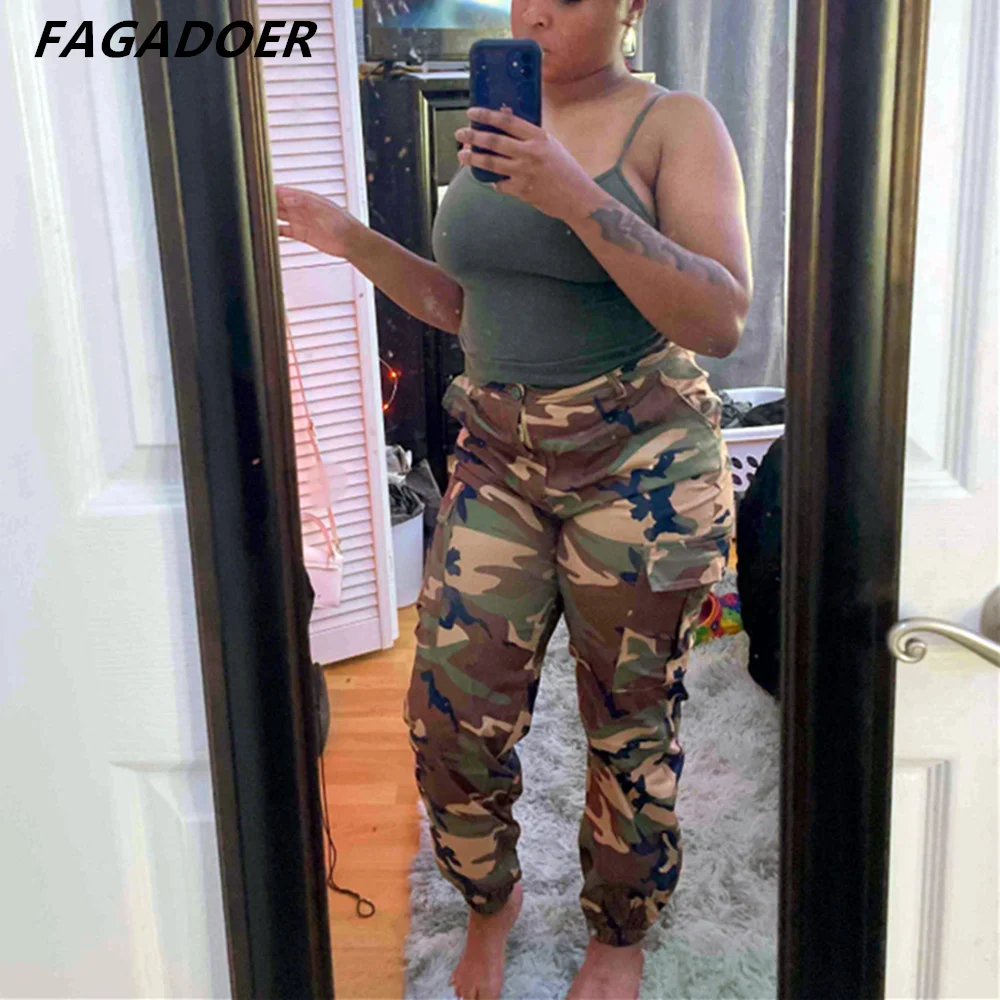 FAGADOER Casual Camouflage Printing Jogger Pants Women High Waisted Zipper Trousers Fashion Female Green Sport Bottoms 2023 New