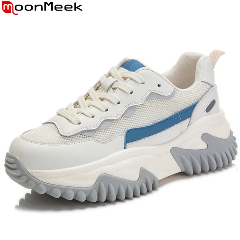 

MoonMeek 2022 New Mixed Colors Split Leather Shoes Woman Flat Platform Heels Shoes Lace Up Ladies Summer Casual Shoes
