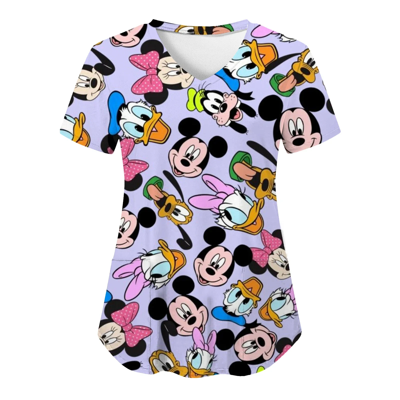 Miniso Minnie Mouse T-shirts V Neck Woman Clothes Hospital Tops Disney Top Women 2024 Nurse Uniform T-shirt Pocket Summer Tees 3