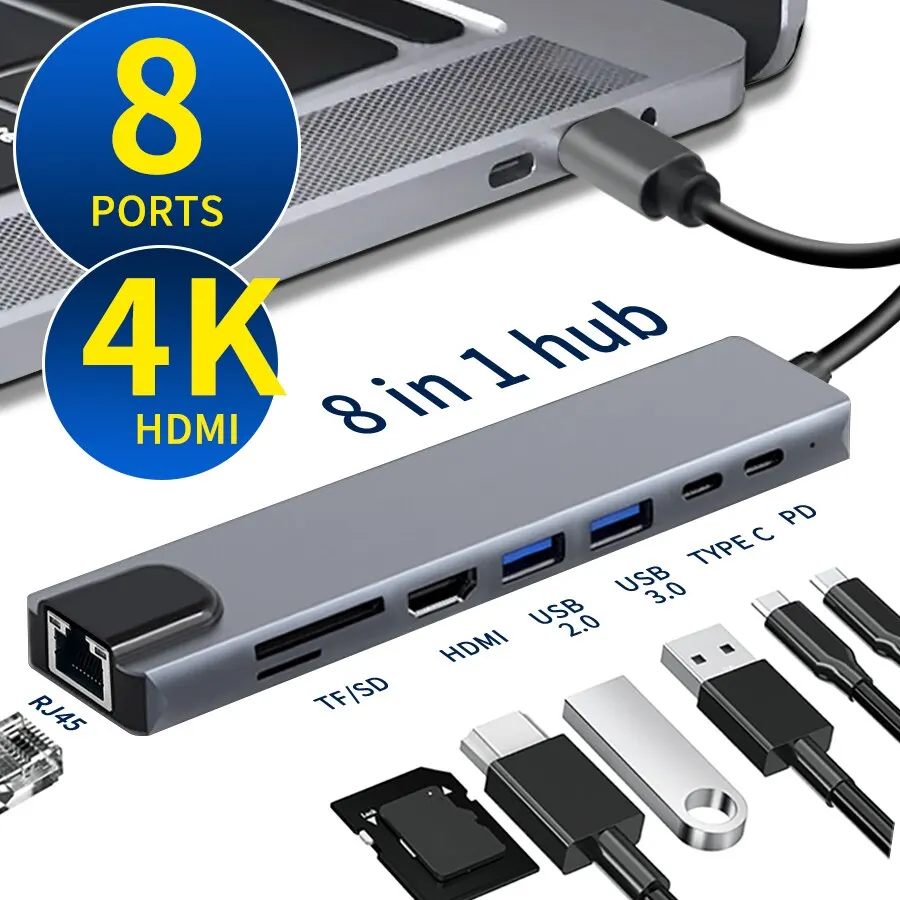 Hub USB-C 8 ports (USB, carte SD, Ethernet, HDMI)