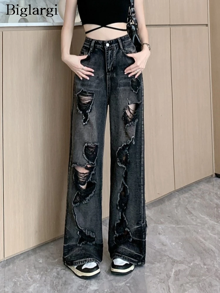 

Jeans Summer Long Pant Women Hole Hollow Out Retro Fashion Loose Pleated Ladies Trousers Korean Style Wide Leg Woman Pants