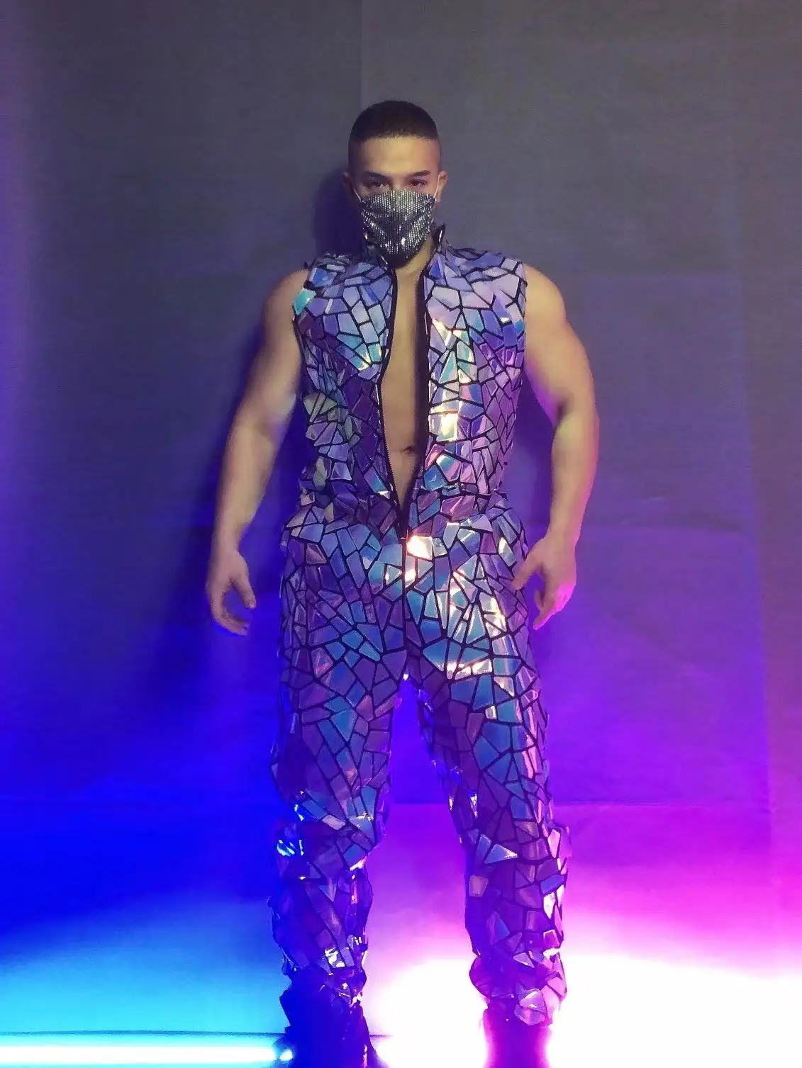 Red Blue Glitter Laser Sequins Sleeveless Jumpsuit Dance Costume Men Dancer  Singer Performance Bar Nightclub Stage Outfit