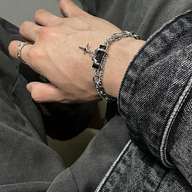 Retro Black Zircon Star Chain Unisex Punk Bracelet – Stainless Steel Jewelry