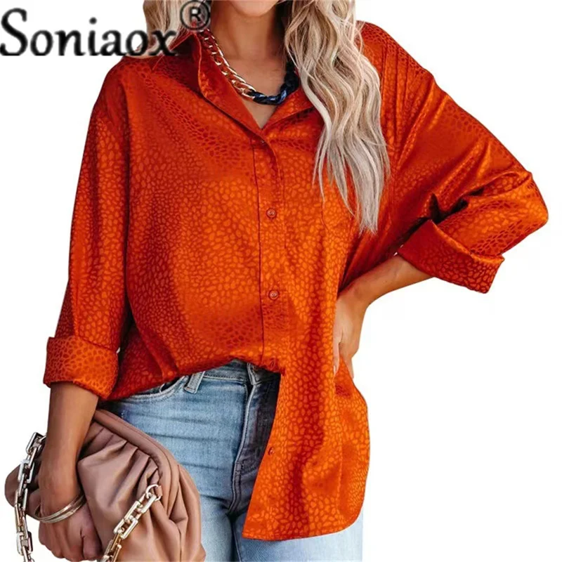 

Women Retro Satin Stone Veins Buttons Blouse Shirt Autumn Long Sleeve Turn-Down Collar Ladies Top Streetwear Casual Loose Shirts