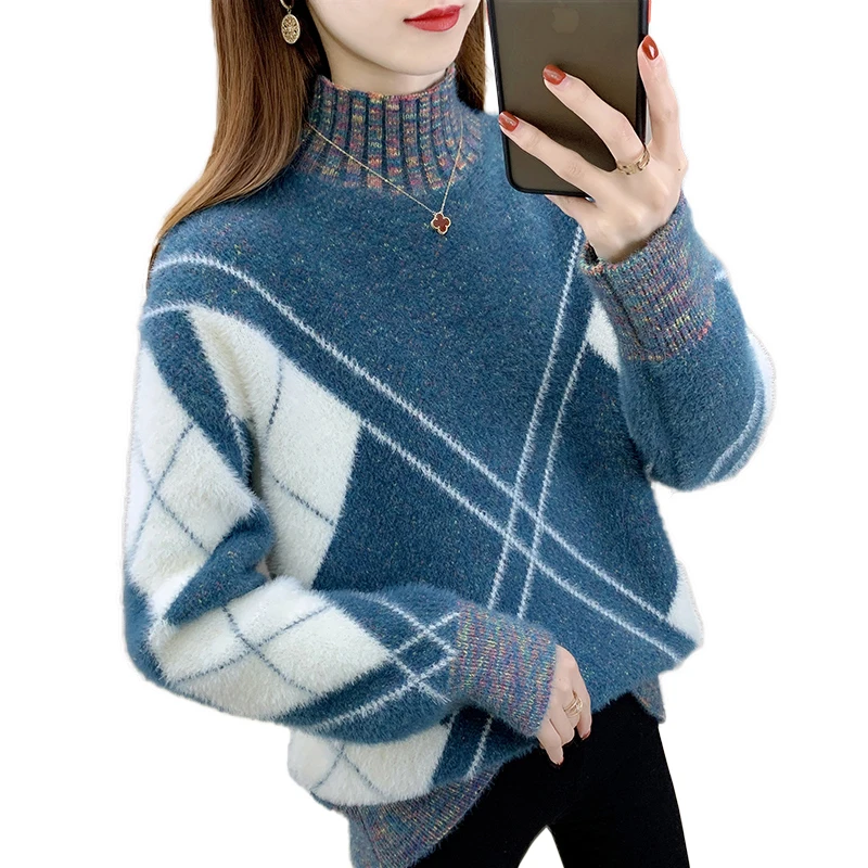 Sweaters Colorblock Imitation Mink Velvet Sweater Pullover Women New Autumn Winter Clothes Half Turtleneck Sweater Jumper  Female Tops red cardigan Sweaters