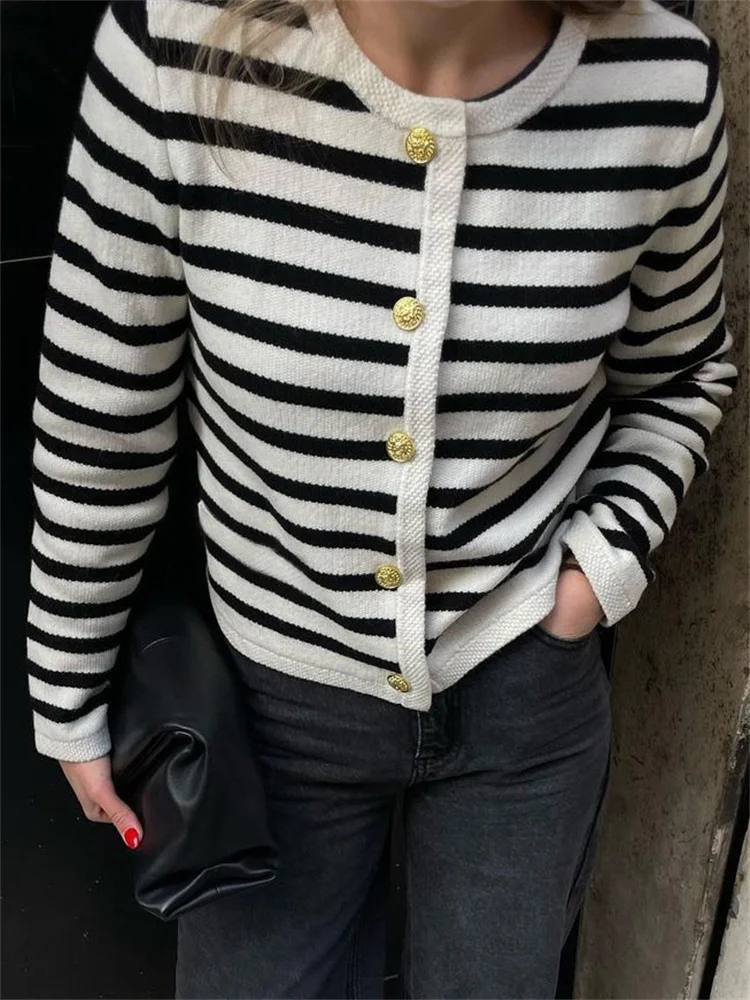 Suéter de punto a rayas, cárdigan, abrigo para mujer, suelto, de manga larga, a la moda, ajustado, con parches en contraste, prendas de vestir exteriores, abrigo de punto de verano