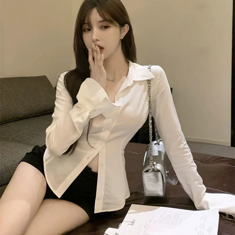 여성용 섹시한 슬림 화이트 쉬폰 셔츠, 턴다운 칼라 플레어 슬리브 튜닉 붕대 블라우스, 싱글 브레스트 오피스 레이디 상의