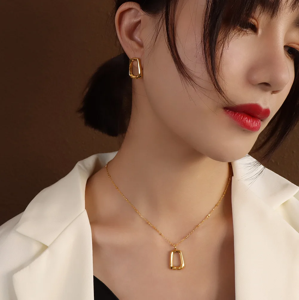 Fashion Square Drop Earrings for Women Geometric Gold Color Dangle Statement Pendant Earring Necklace Set Party Jewelry |