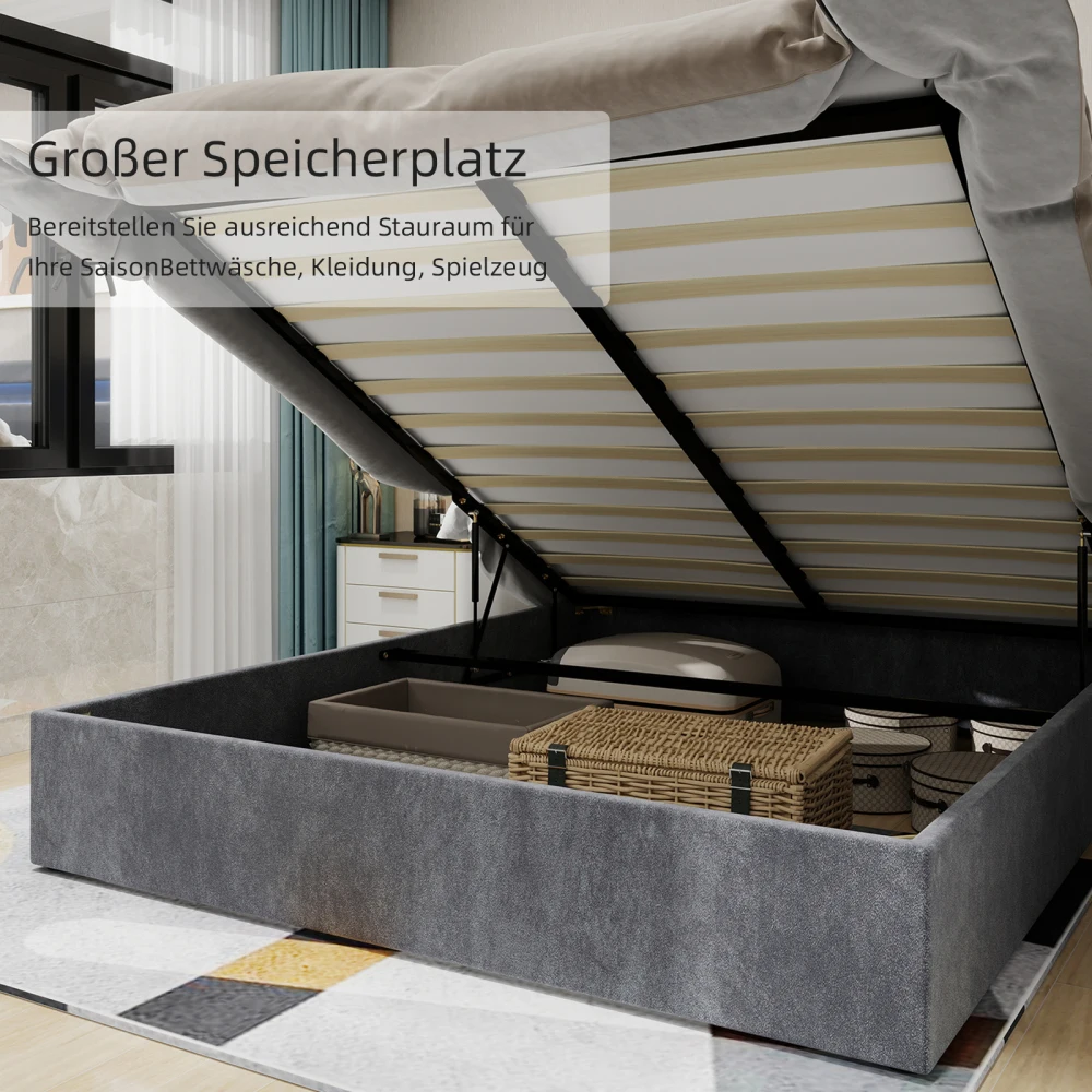 Modernes, minimalistisches Polsterbett mit weichem Kopfteil in Cartoon-Form, 90 x 200 cm Basis mit Gasliftmechanismus, Matratze nicht im Lieferumfang enthalten. – Detail 7