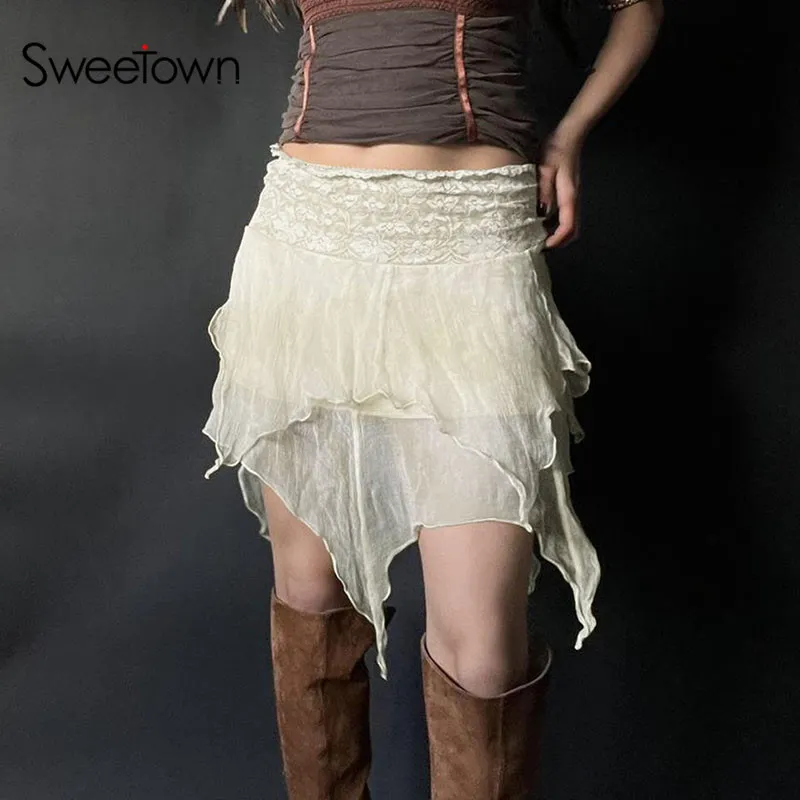 Sweetown Beige Fairycore Y2K Asymmetrical Hem Mesh Skirt Women Vintage ...