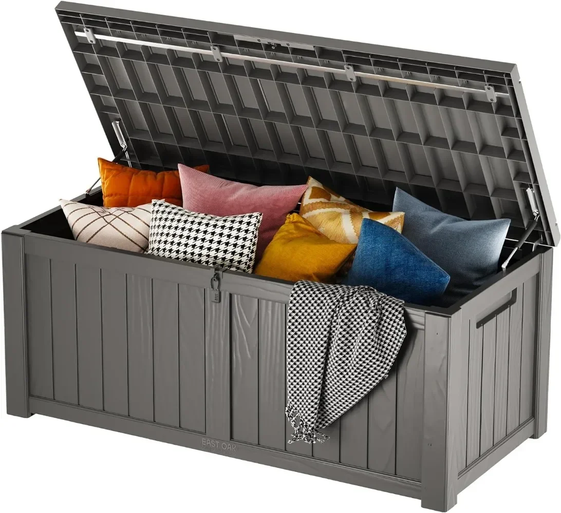 

Outdoor Storage Box, 120 Gallon Deck Box with Stainless Steel Rods Large Resin Storage Bin Lockable