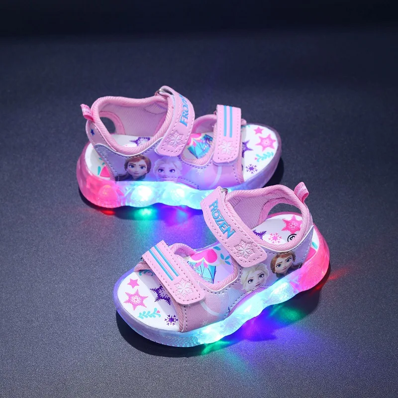 Kids Sandals Disney Boys Girls Frozen Elsa Princess Led Light Up Luminous Sports Sandals Summer Non-slip Toddler Shoes