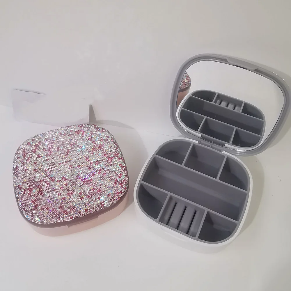 Luxury Mini Rhinestones Jewelry Box With Mirror Travel Portable Jewerly  Earring Necklace Organizer Box Wedding Ring Case Gift