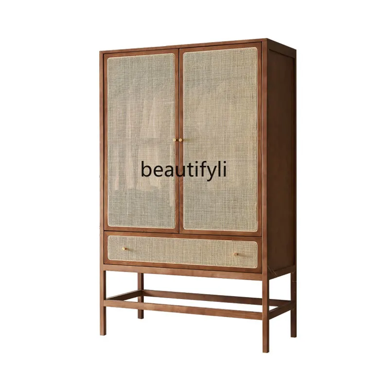 

Solid Wood Rattan Wardrobe Storage Locker Vintage Cabinet Bed & Breakfast Bedroom Double Door Clothing Cabinet