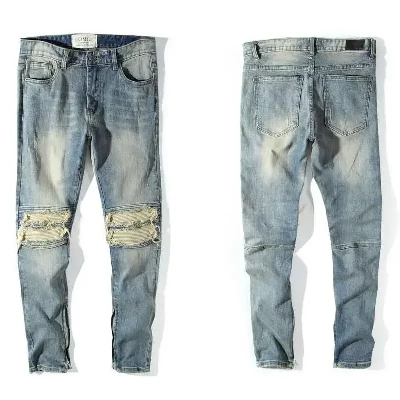 Men's Jeans Ripped with Holes Broken Trousers Man Cowboy Pants Torn Tapered Pockets Light Blue Summer Denim Trend Luxury Xs