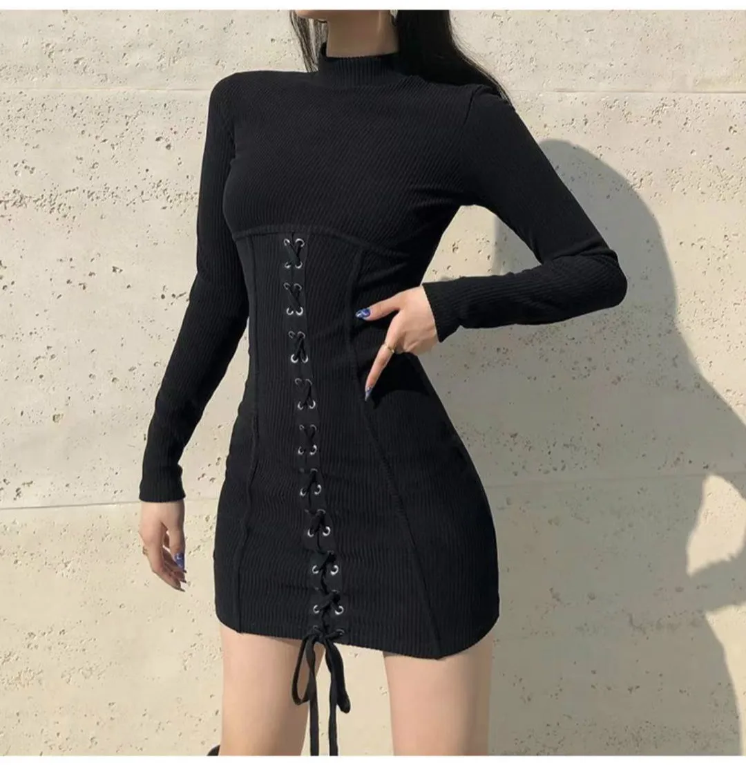 

New Knitted Half High Neck Slim Fit Lace up Long Dress