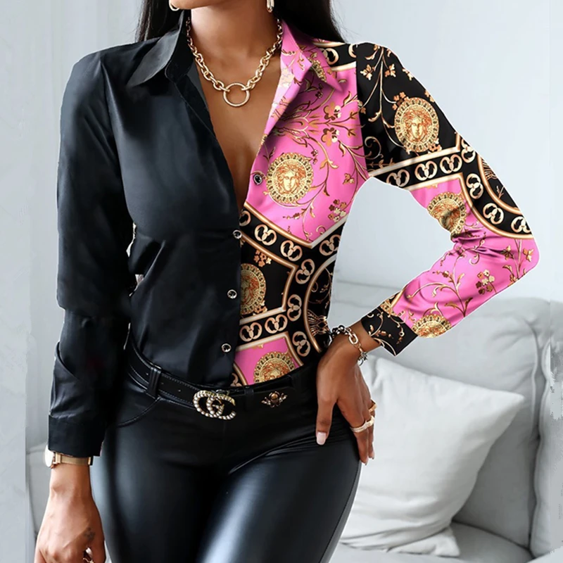 

2023 Fashion New Women Ladies Casual Boutique European and American Vintage Printed Color Matching Long Sleeve Blouses Shirts