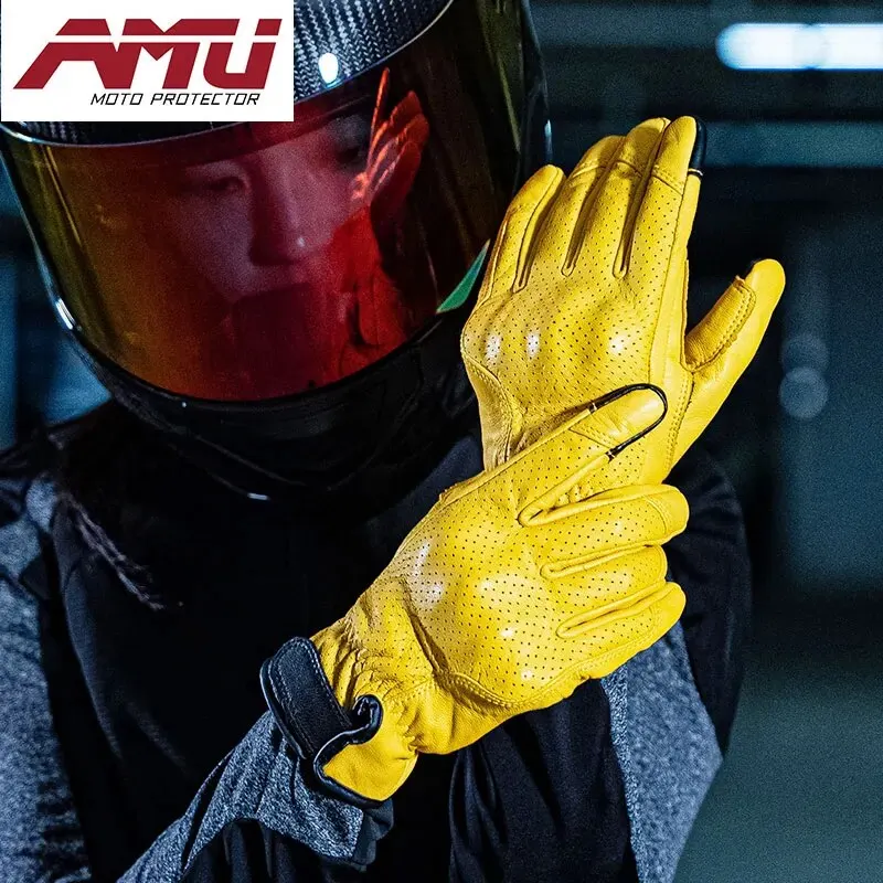 AMU Motorcycle Vintage Leather Men Women Protective Cycling Gloves Touchscreen Perforate Motorcross ATV Guantes Moto