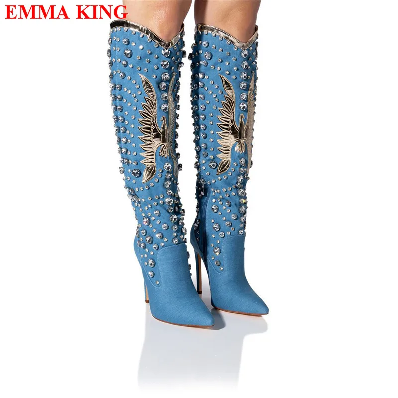 Women Knee High Boots Autumn Winter Rhinestone Diamond Western Boots