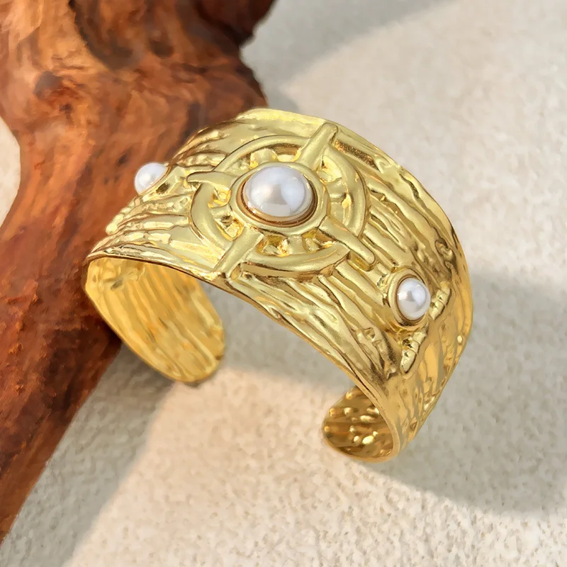 Elegant Imitation Pearl Stacking Wide Bangle Exaggerated Stainless Steel PVD Irregular Open Cuff Armband Bracelets Party Jewelry